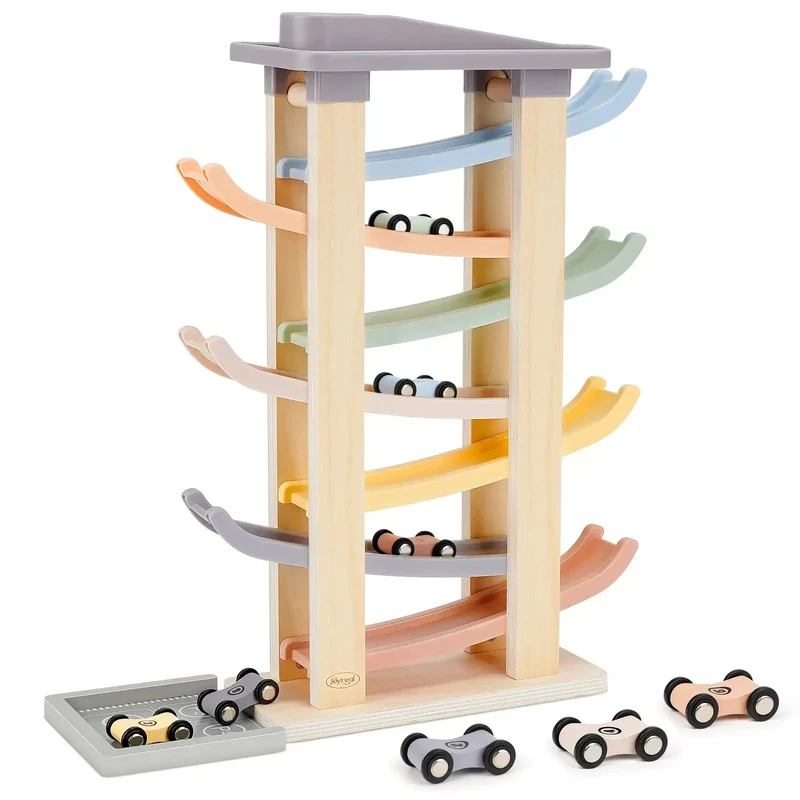 Wooden Car Ramp Racer Toys with 8 Mini Cars & 2 Garages