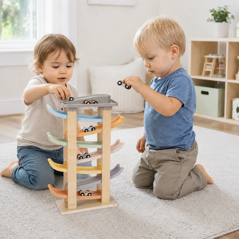 Wooden Car Ramp Racer Toys with 8 Mini Cars & 2 Garages