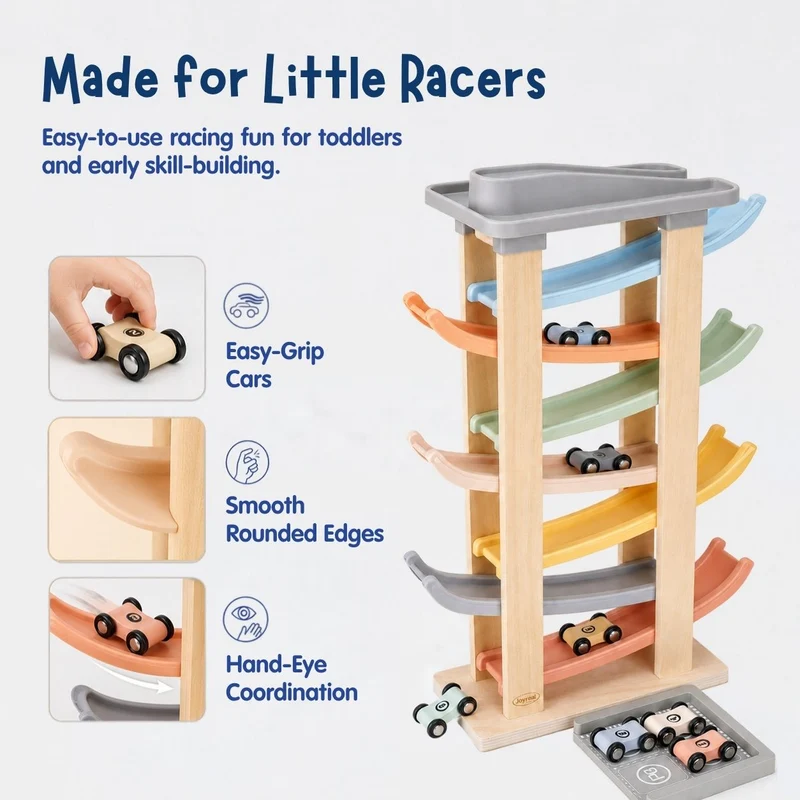 Wooden Car Ramp Racer Toys with 8 Mini Cars & 2 Garages