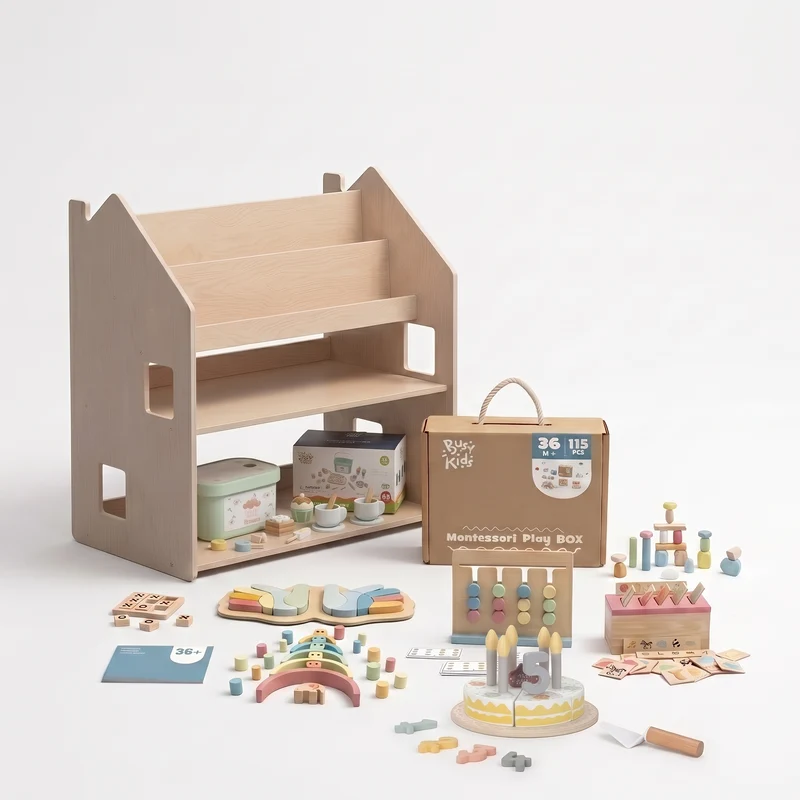 Étagère 2-en-1 + Boîte Montessori 36 mois et + + contenu au choix, Ensemble BusyKids