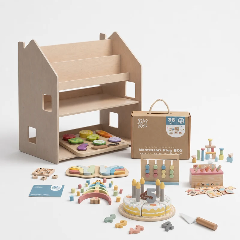 Étagère 2-en-1 + Boîte Montessori 36 mois et + + contenu au choix, Ensemble BusyKids