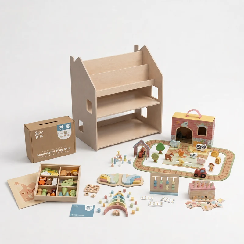 Étagère 2-en-1 + Boîte Montessori 36 mois et + + contenu au choix, Ensemble BusyKids
