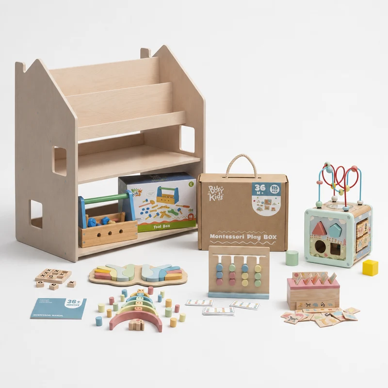 Étagère 2-en-1 + Boîte Montessori 36 mois et + + contenu au choix, Ensemble BusyKids