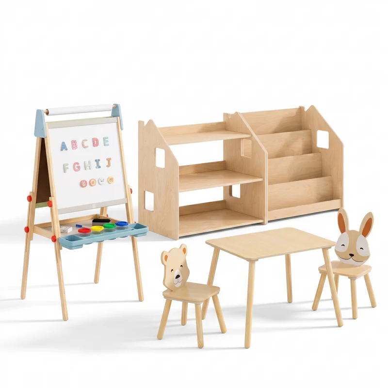 Bibliothèque + étagère à jouets + Table enfant avec 2 chaises + Chevalet, Ensemble BusyKids