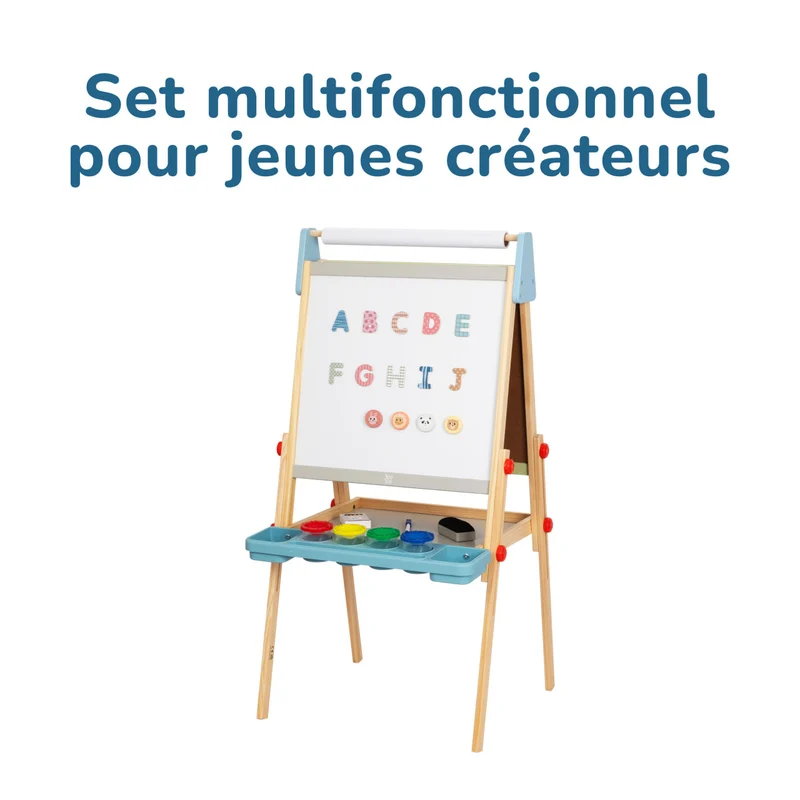 Bibliothèque + étagère à jouets + Table enfant avec 2 chaises + Chevalet, Ensemble BusyKids