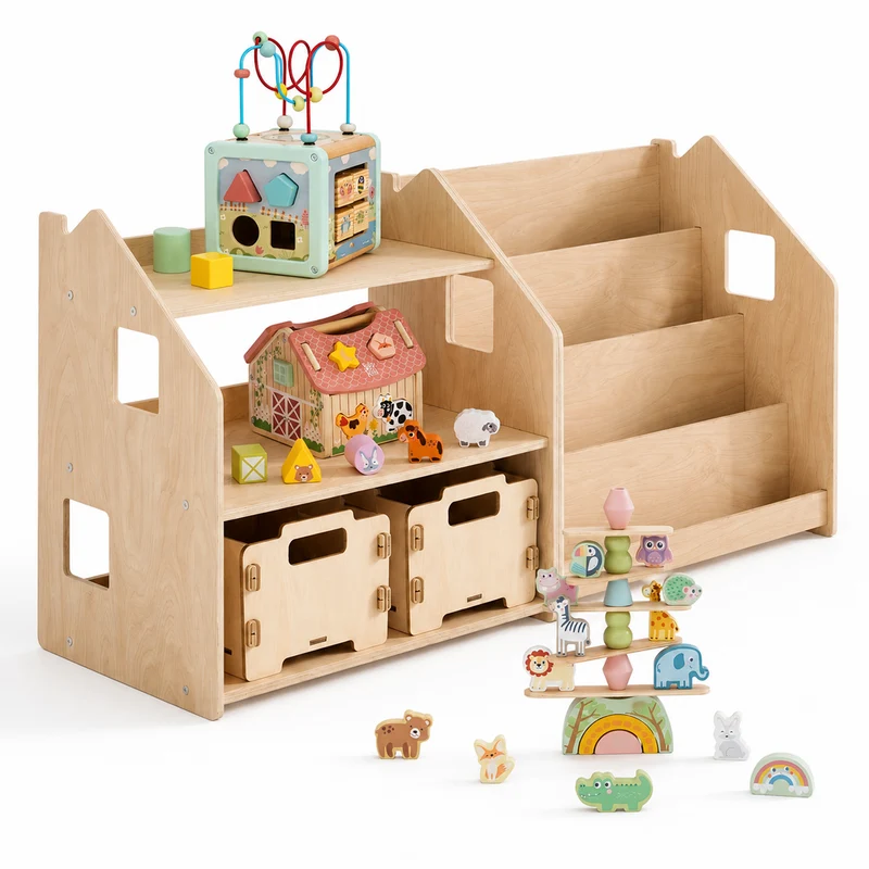 Bibliothèque + étagère à jouets + Boîte à jouets ×2 + contenu au choix, Ensemble BusyKids