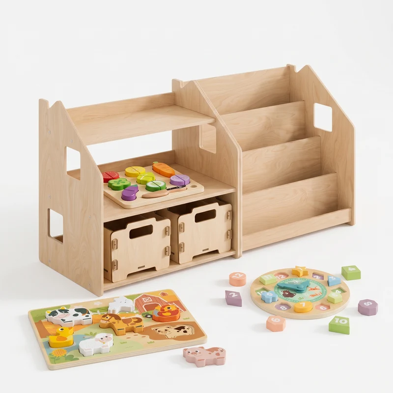Bibliothèque + étagère à jouets + Boîte à jouets ×2 + contenu au choix, Ensemble BusyKids