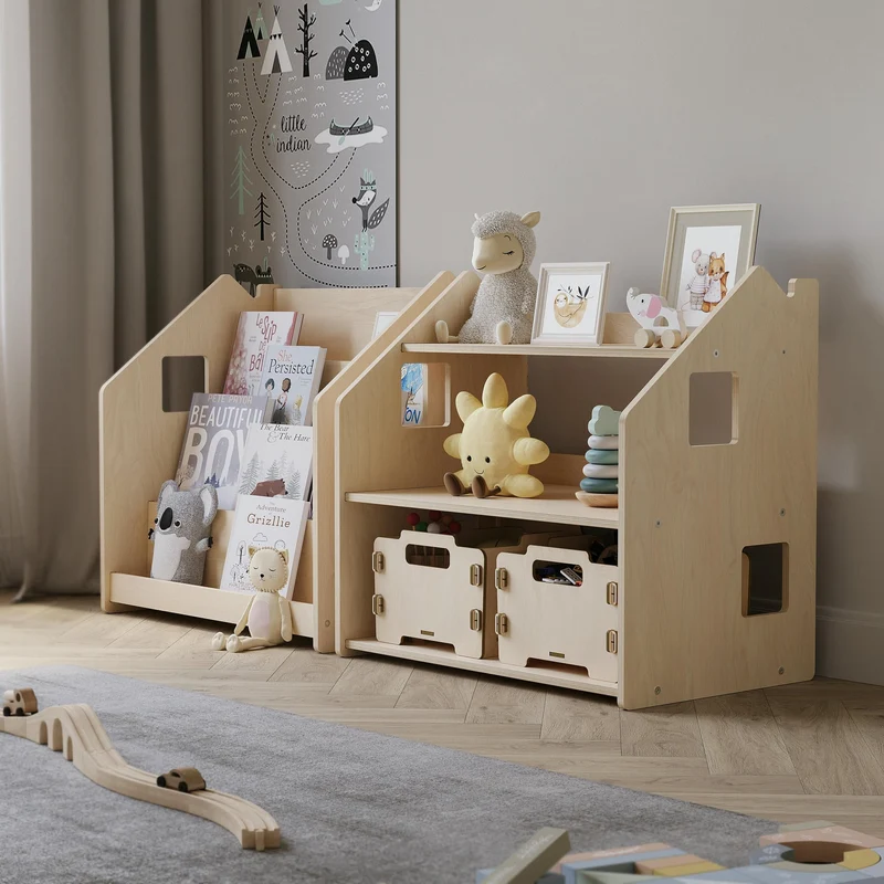 Bibliothèque + étagère à jouets + Table enfant avec 2 chaises + Chevalet, Ensemble BusyKids
