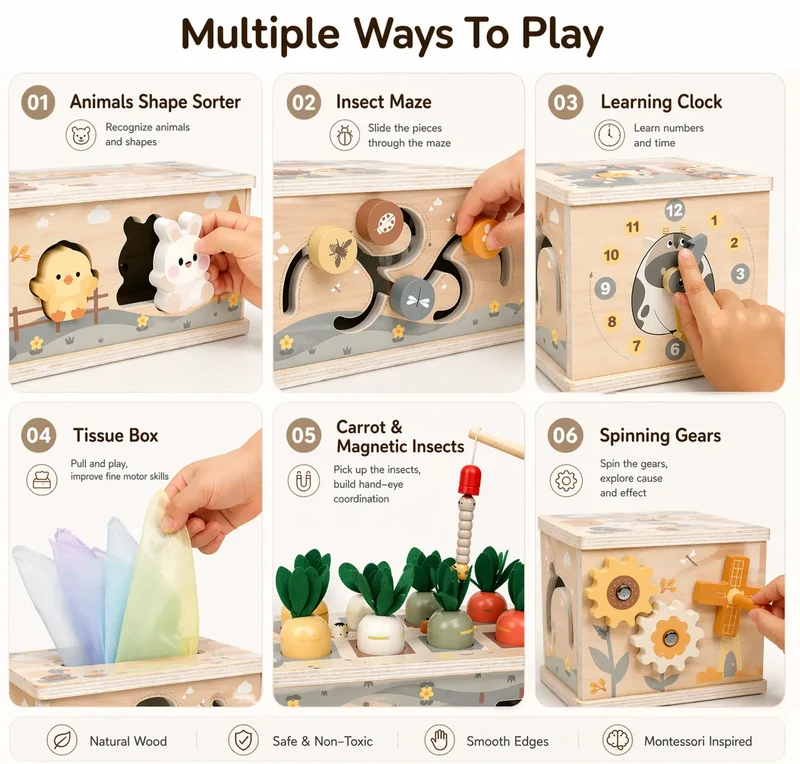 Activity Cube Montessori Tissue Box for 8M - 3 Year Olds