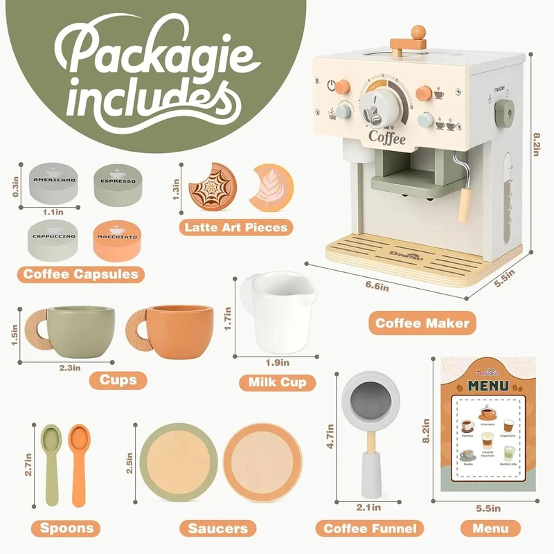 Wooden Toy Coffee Maker Playset for Kids
