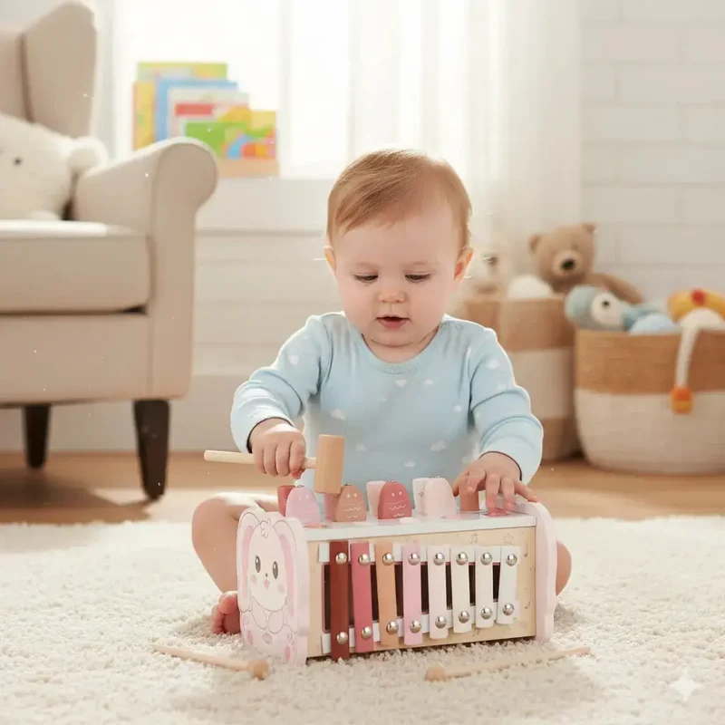 Wooden Hammering Pounding Toy with Xylophone & Fishing Game