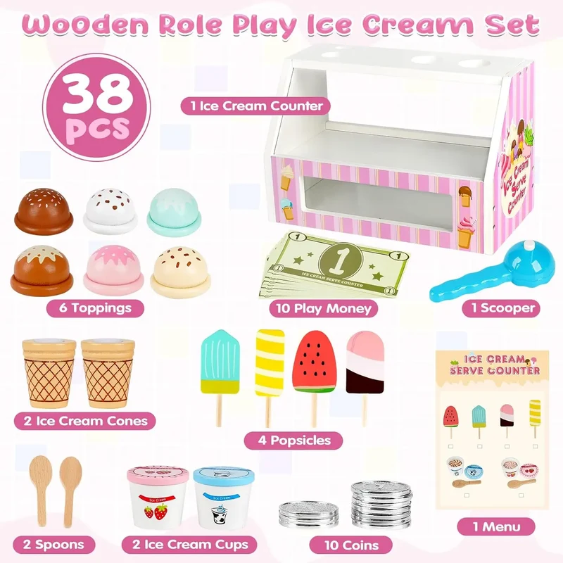 38 PCS Wooden Ice Cream Set Shop for Toddlers