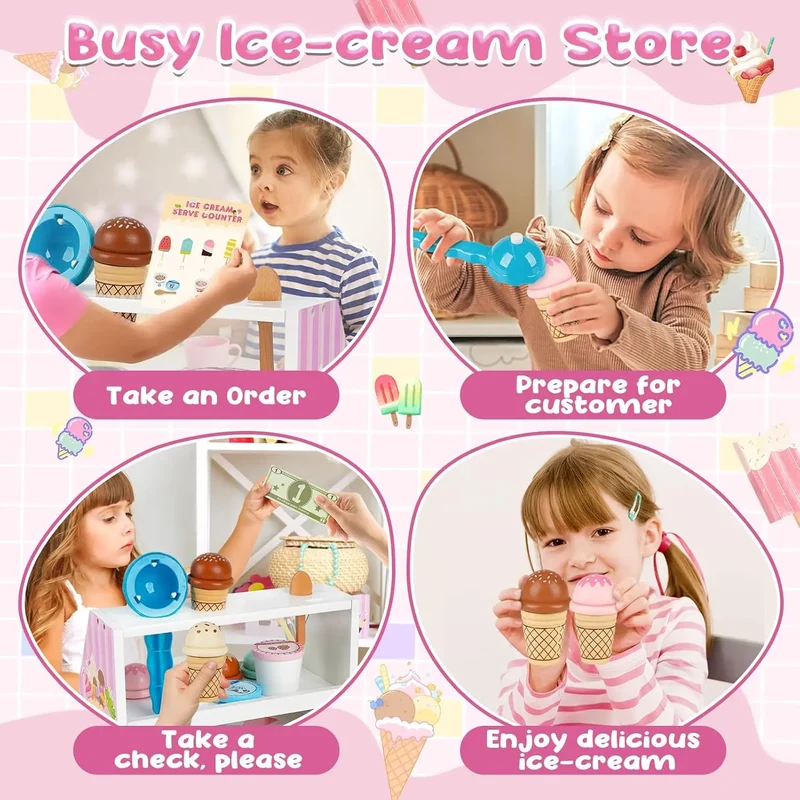 38 PCS Wooden Ice Cream Set Shop for Toddlers