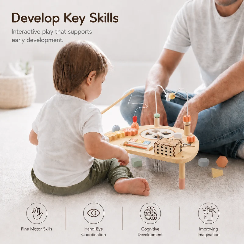 Wooden Activity Table for Toddlers, Montessori 7-in-1 Fishing Game Toys