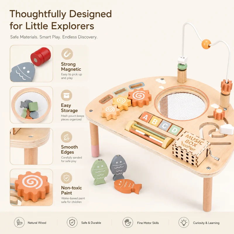 Wooden Activity Table for Toddlers, Montessori 7-in-1 Fishing Game Toys