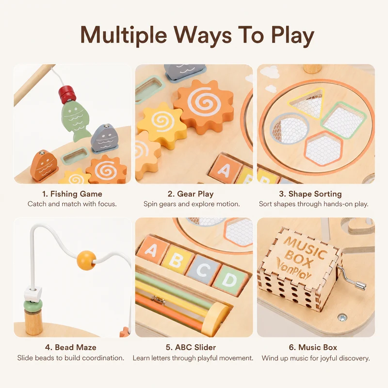 Wooden Activity Table for Toddlers, Montessori 7-in-1 Fishing Game Toys