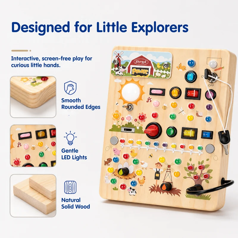 Wooden LED Power Busy Board for Toddlers | 39 Lights & 17 Switches