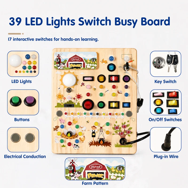 Wooden LED Power Busy Board for Toddlers | 39 Lights & 17 Switches
