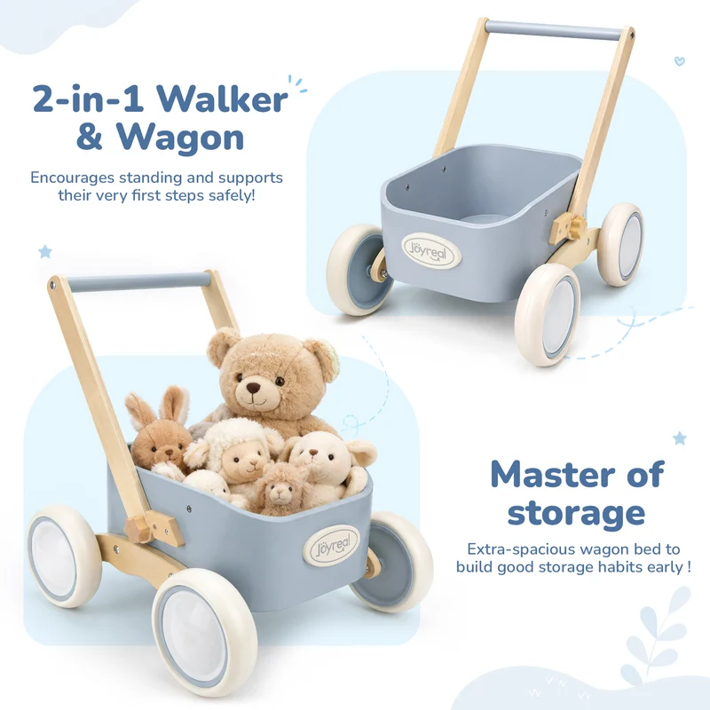 2-in-1 Wooden Baby Walker Wagon for Toddlers - Blue