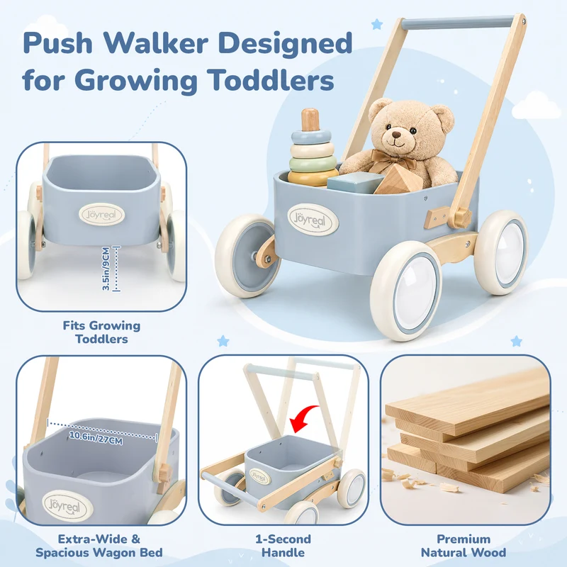 2-in-1 Wooden Baby Walker Wagon for Toddlers - Blue