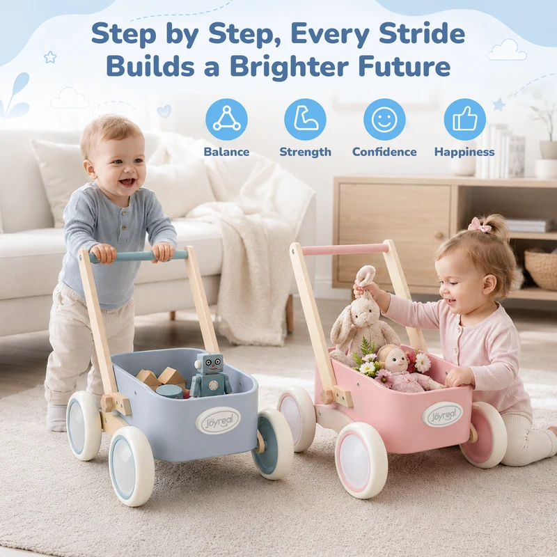 2-in-1 Wooden Baby Walker Wagon for Toddlers - Blue