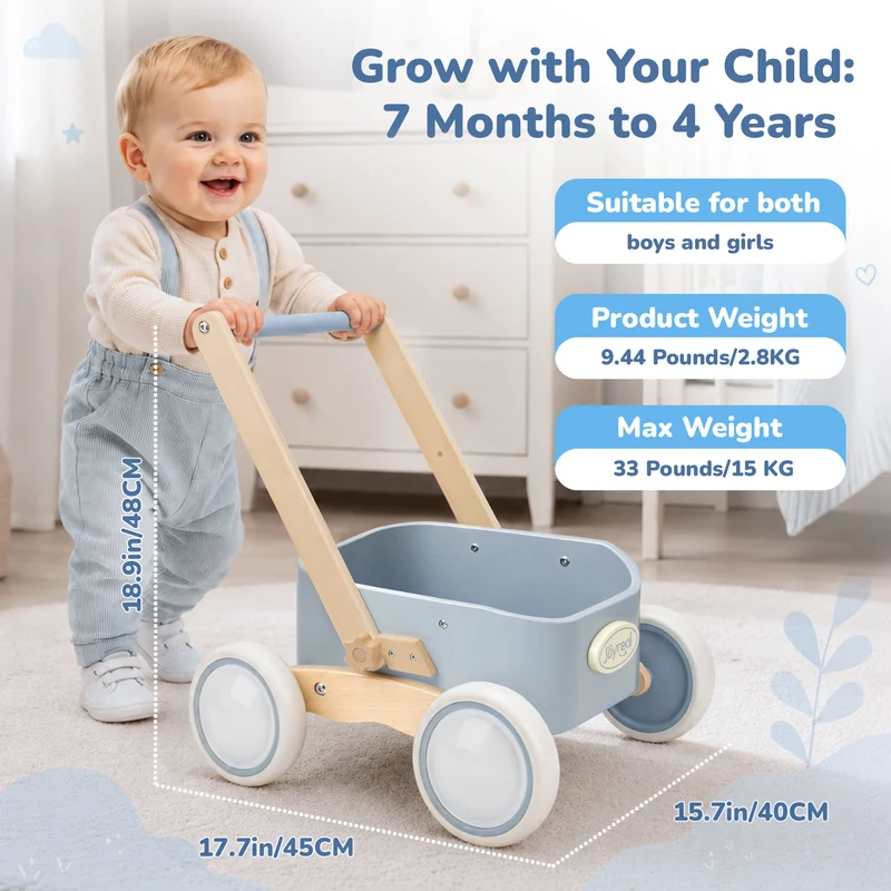 2-in-1 Wooden Baby Walker Wagon for Toddlers - Blue