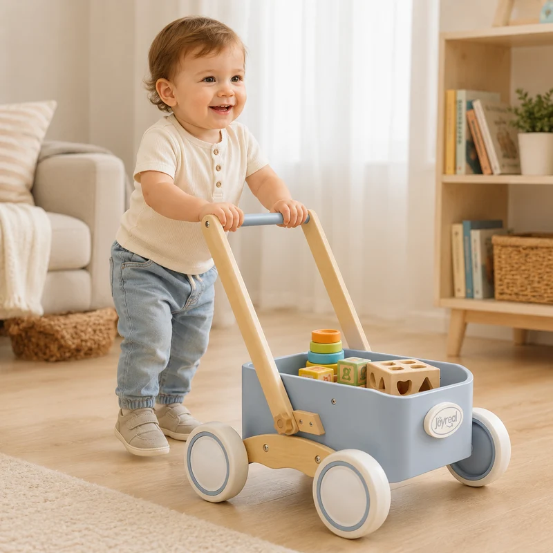 2-in-1 Wooden Baby Walker Wagon for Toddlers - Blue