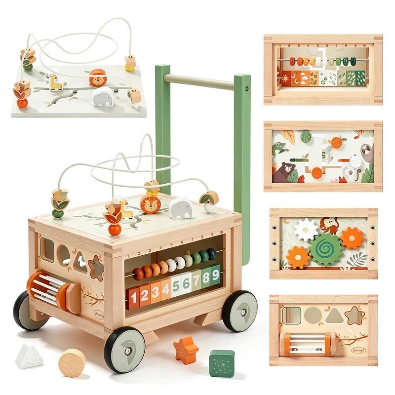 Baby Push Walker with Storage Bin, Wooden Deluxe 9-in-1 Pusher for Toddlers