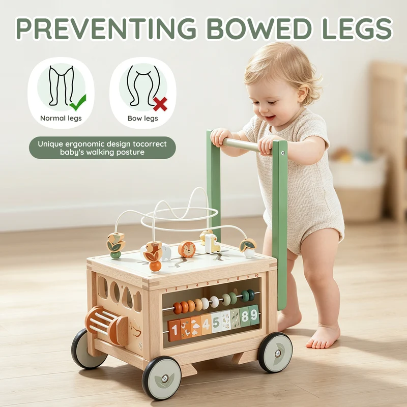 Baby Push Walker with Storage Bin, Wooden Deluxe 9-in-1 Pusher for Toddlers