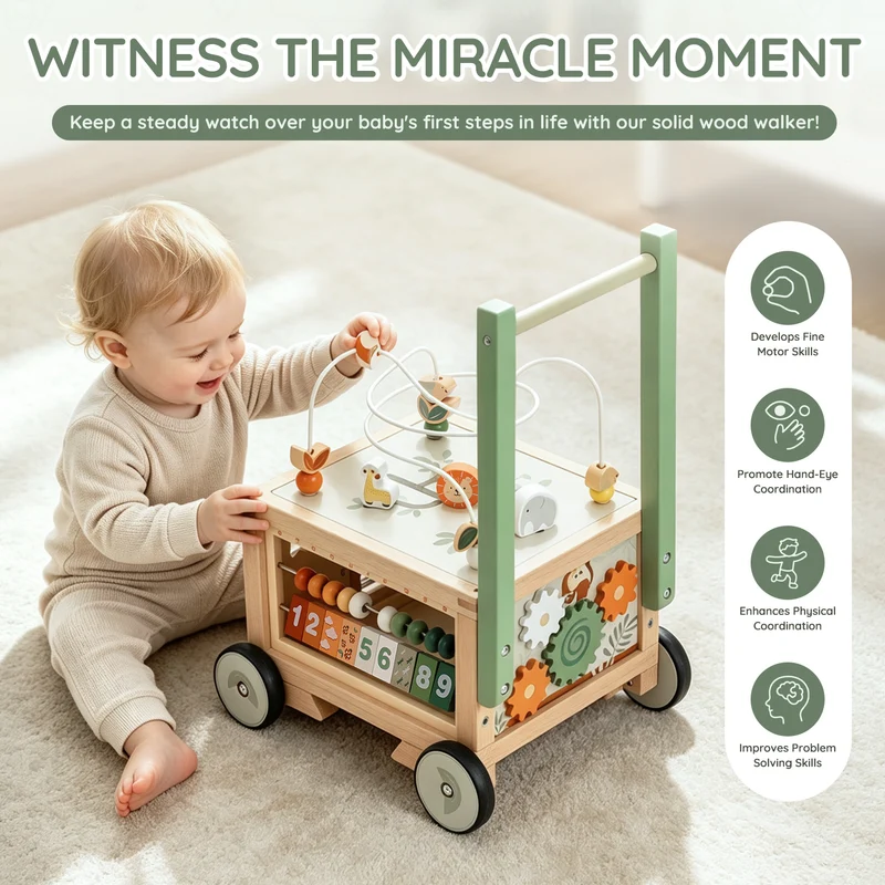 Baby Push Walker with Storage Bin, Wooden Deluxe 9-in-1 Pusher for Toddlers