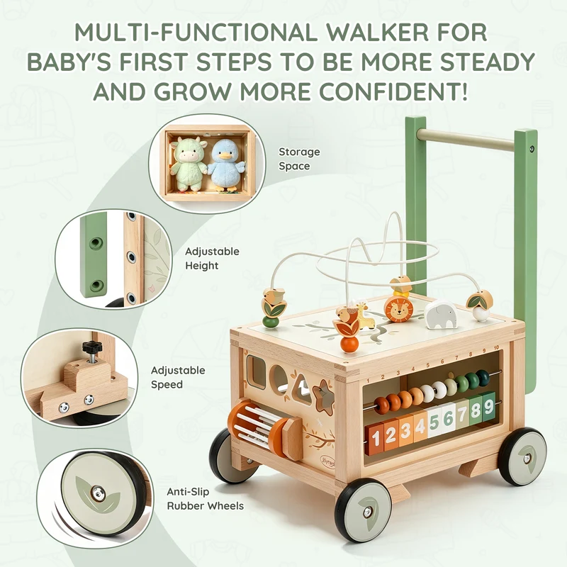 Baby Push Walker with Storage Bin, Wooden Deluxe 9-in-1 Pusher for Toddlers