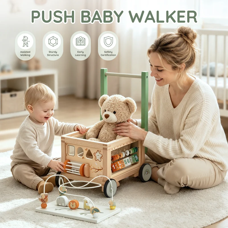 Baby Push Walker with Storage Bin, Wooden Deluxe 9-in-1 Pusher for Toddlers