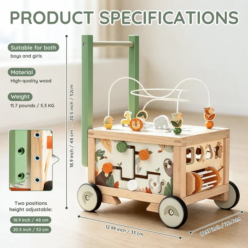 Baby Push Walker with Storage Bin, Wooden Deluxe 9-in-1 Pusher for Toddlers