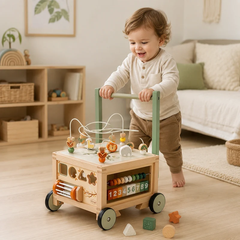 Baby Push Walker with Storage Bin, Wooden Deluxe 9-in-1 Pusher for Toddlers