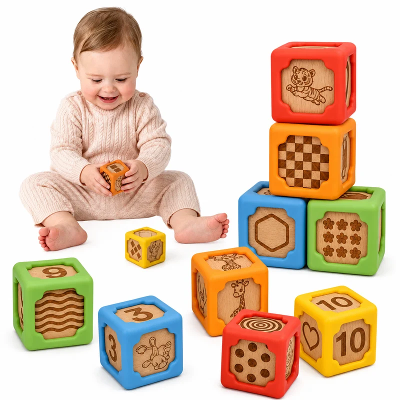Colorful Early Learning Stacking Blocks, Silicone & Wooden Sensory Toys