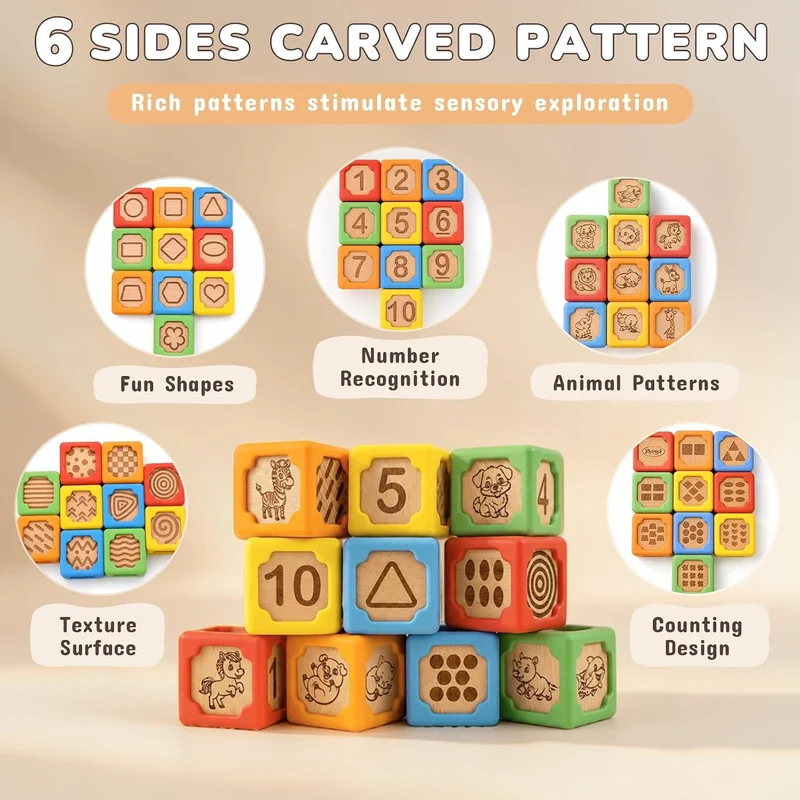Colorful Early Learning Stacking Blocks, Silicone & Wooden Sensory Toys