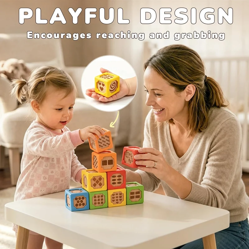 Colorful Early Learning Stacking Blocks, Silicone & Wooden Sensory Toys