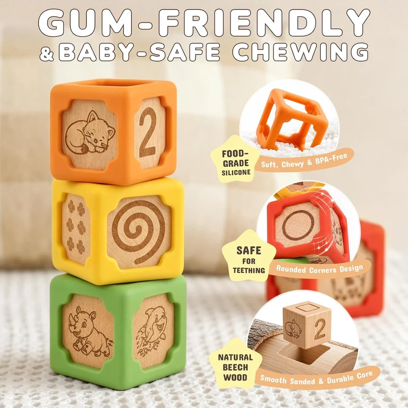 Colorful Early Learning Stacking Blocks, Silicone & Wooden Sensory Toys