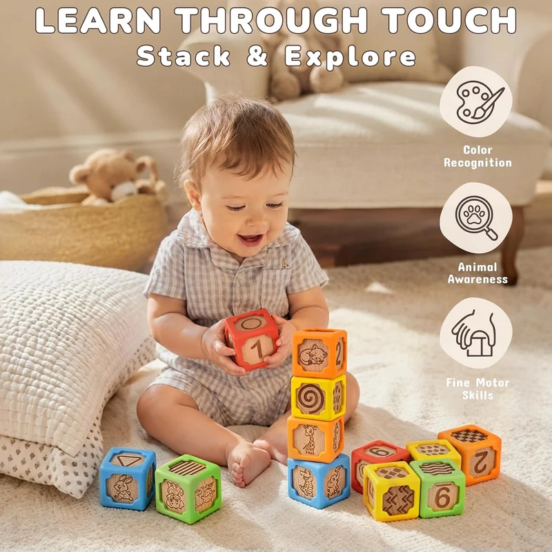 Colorful Early Learning Stacking Blocks, Silicone & Wooden Sensory Toys