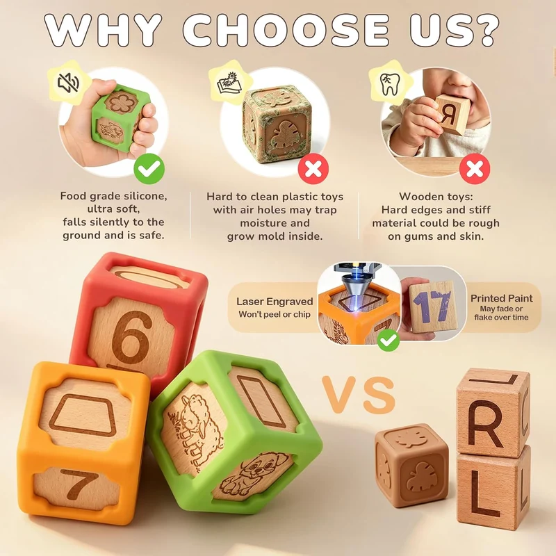 Colorful Early Learning Stacking Blocks, Silicone & Wooden Sensory Toys