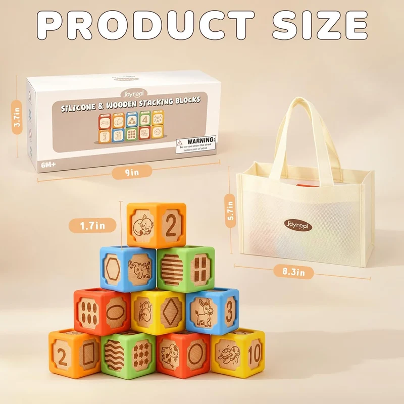 Colorful Early Learning Stacking Blocks, Silicone & Wooden Sensory Toys