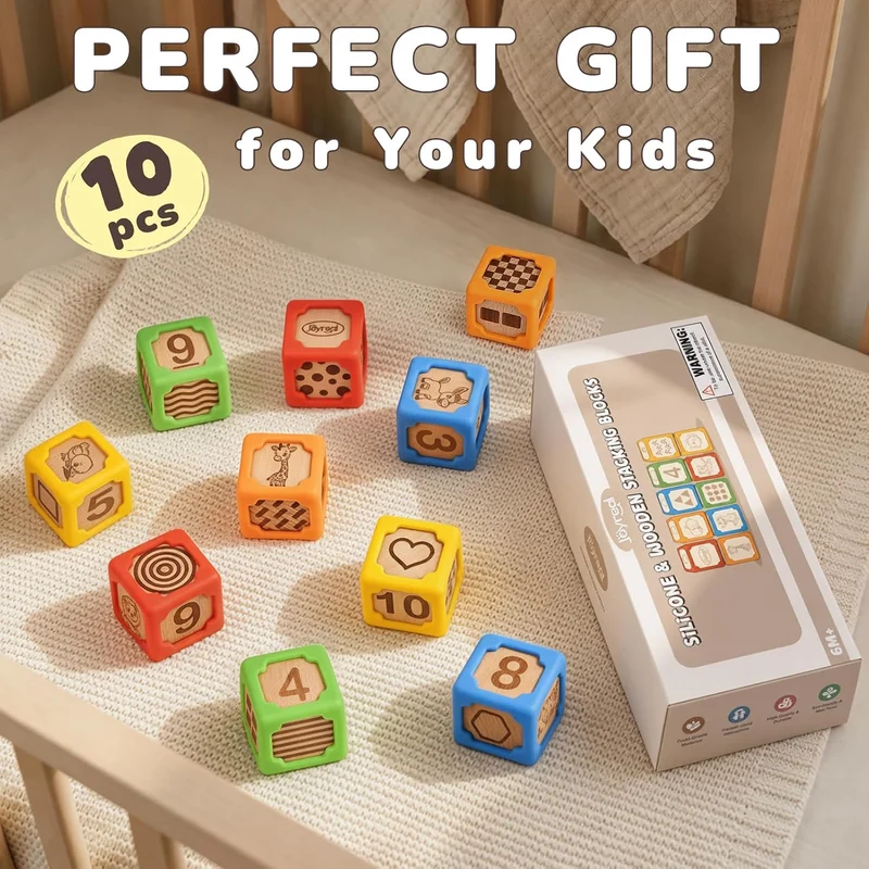 Colorful Early Learning Stacking Blocks, Silicone & Wooden Sensory Toys