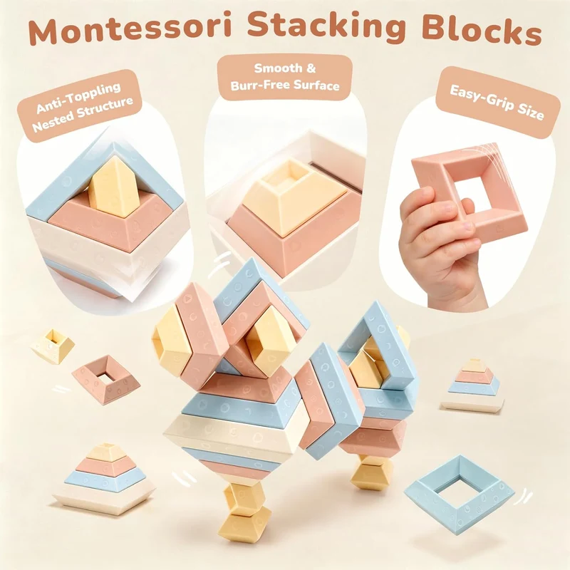 Toddler Montessori Stacking Blocks, 30PCS Nesting Blocks for Ages 1–3