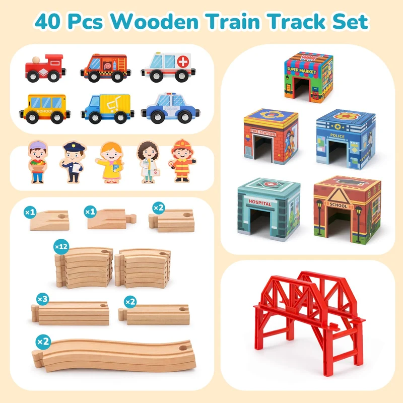 Wooden Train Tracks Car Toys Set for Toddlers - City Railway Adventure