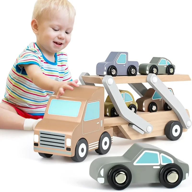 Wooden Car Transporter Toy with 4 Cars – Toddler Toy for 2-3 Year Olds