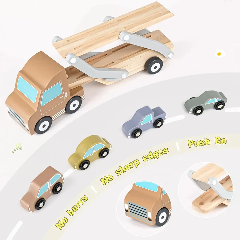 Wooden Car Transporter Toy with 4 Cars – Toddler Toy for 2-3 Year Olds