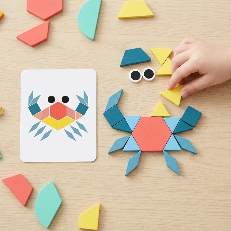 Tangram Montessori en Bois 180 Pièces avec 24 Cartes Modèles