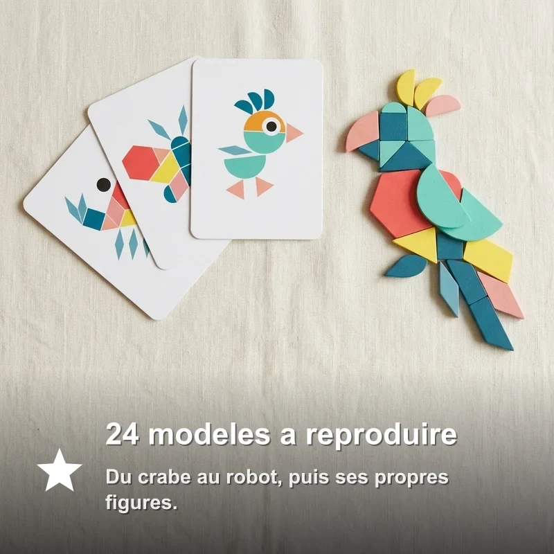 Tangram Montessori en Bois 180 Pièces avec 24 Cartes Modèles
