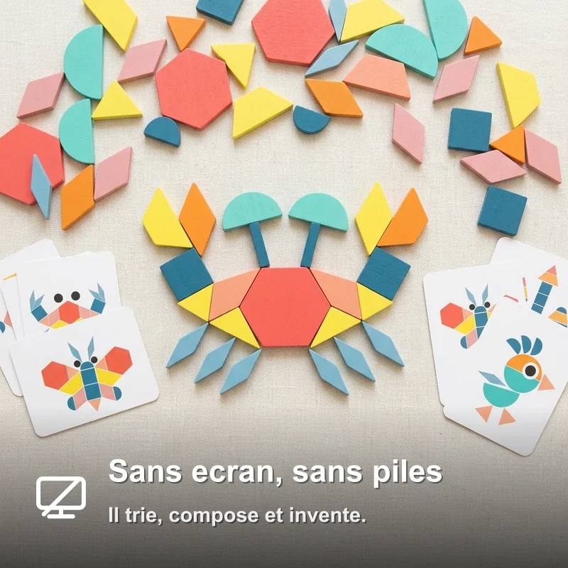 Tangram Montessori en Bois 180 Pièces avec 24 Cartes Modèles