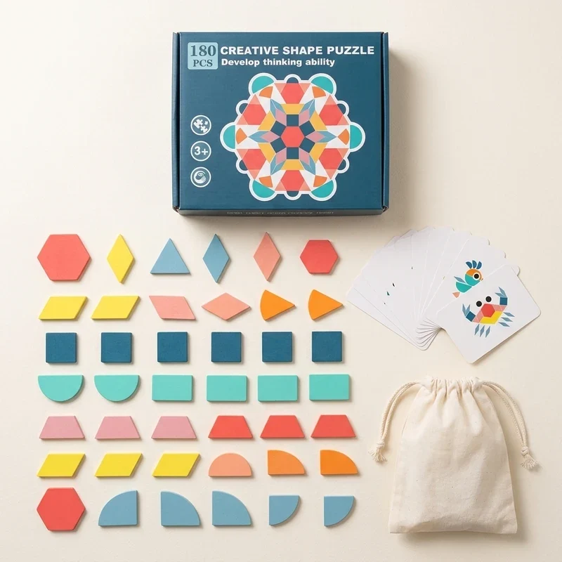 Tangram Montessori en Bois 180 Pièces avec 24 Cartes Modèles